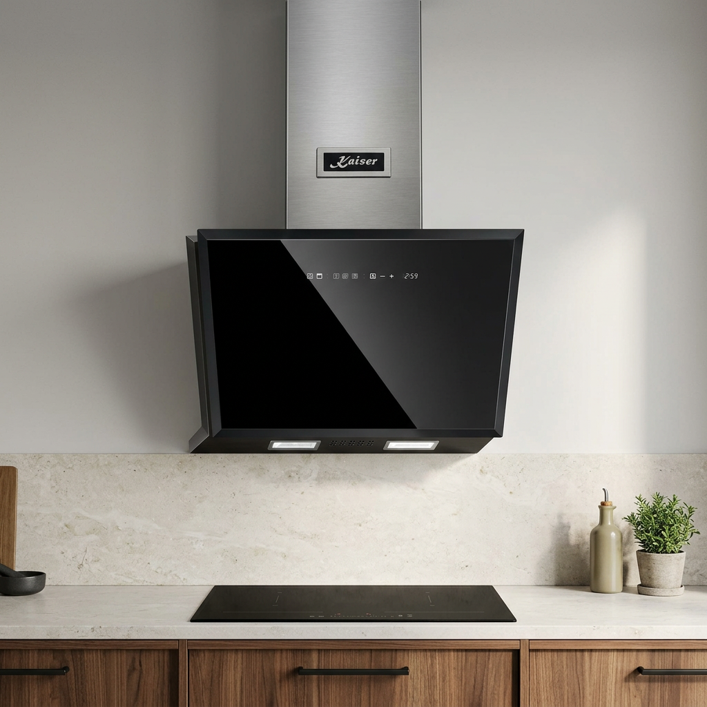 Kaiser Avantgarde Pro black glass V-panel cooker hood in a contemporary walnut-and-stone kitchen