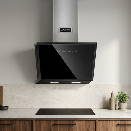 Kaiser Avantgarde Pro black glass V-panel cooker hood in a contemporary walnut-and-stone kitchen