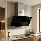 Kaiser Grand Chef 80cm Eco cooker hood installed in a walnut and stone kitchen