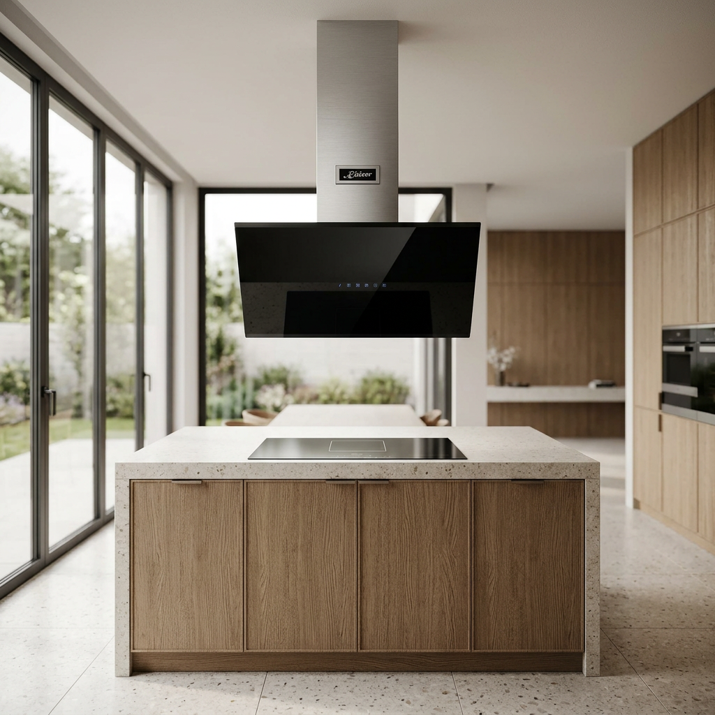 Kaiser island cooker hood above an oak-and-stone kitchen island