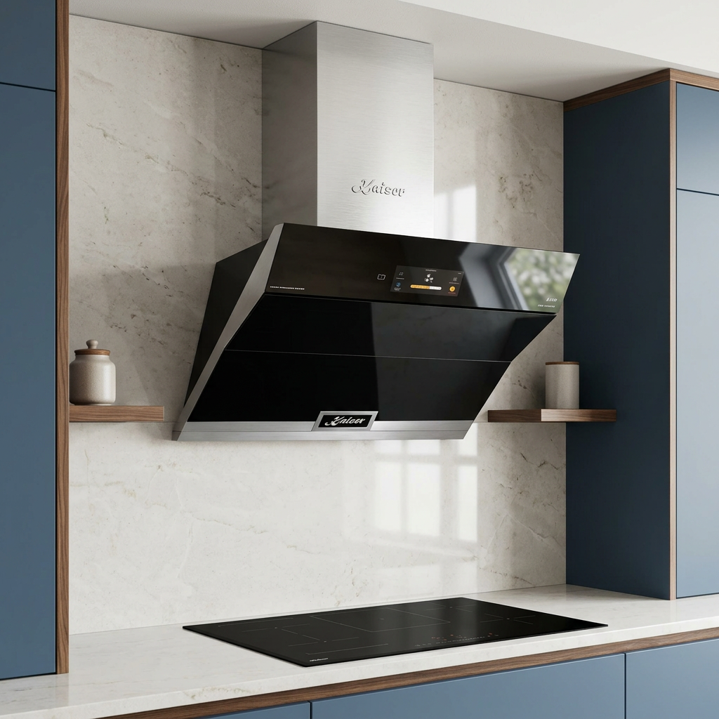 Kaiser La Perle black cooker hood in a premium blue-and-quartzite kitchen