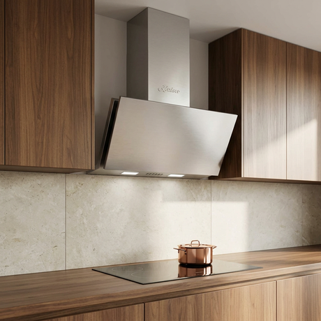Kaiser stainless steel hood in a walnut-and-stone kitchen