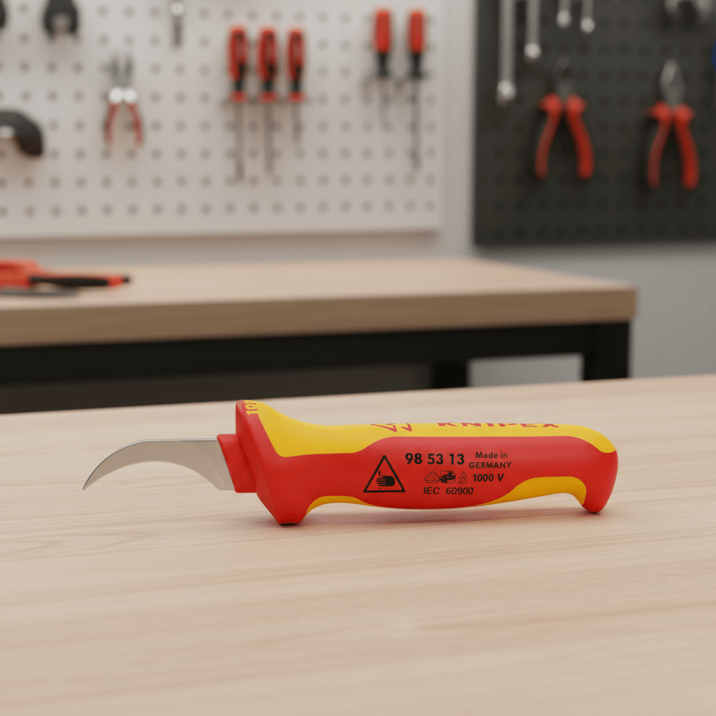 Knipex Hand Tools Knipex 190mm VDE Insulated Stripping Knife with 50mm Sickle-Shaped Hook Blade - K-985313