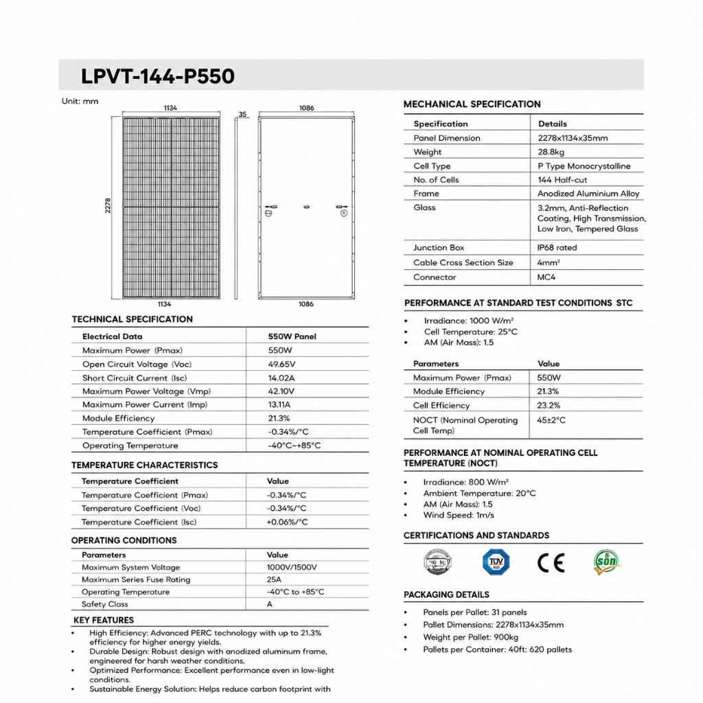 LPV Technologies Solar Panels LPVT High Efficiency Monocrystalline Solar Panel 550W - LPVT-144-P550