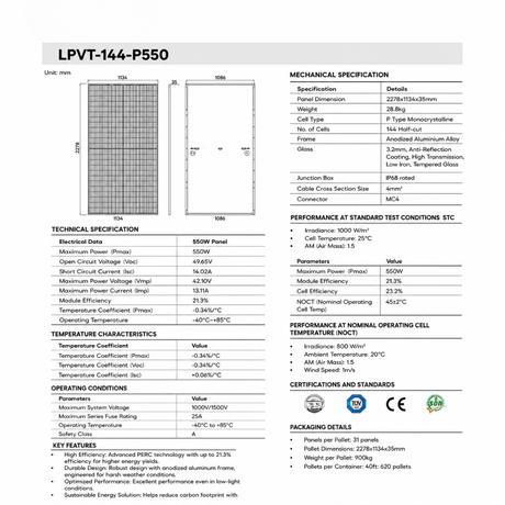 LPV Technologies Solar Panels LPVT High Efficiency Monocrystalline Solar Panel 550W - LPVT-144-P550