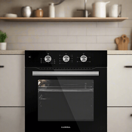 Luxell/Kumtel Kitchen Appliances Luxell 60cm Black Glass Built-In Set – Hob, Hood & Oven