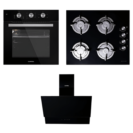 Luxell/Kumtel Kitchen Appliances Luxell 60cm Black Glass Built-In Set – Hob, Hood & Oven