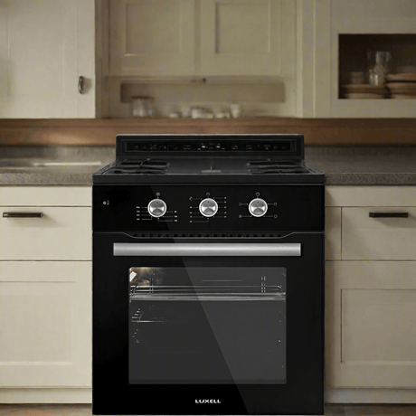Luxell/Kumtel Kitchen Appliances Luxell 90cm Black Glass Built-In Set – Hob, Hood & Oven