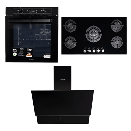 Luxell/Kumtel Kitchen Appliances Luxell 90cm Black Glass Built-In Set (Yeniden adlandır) – Hob, Hood & Oven