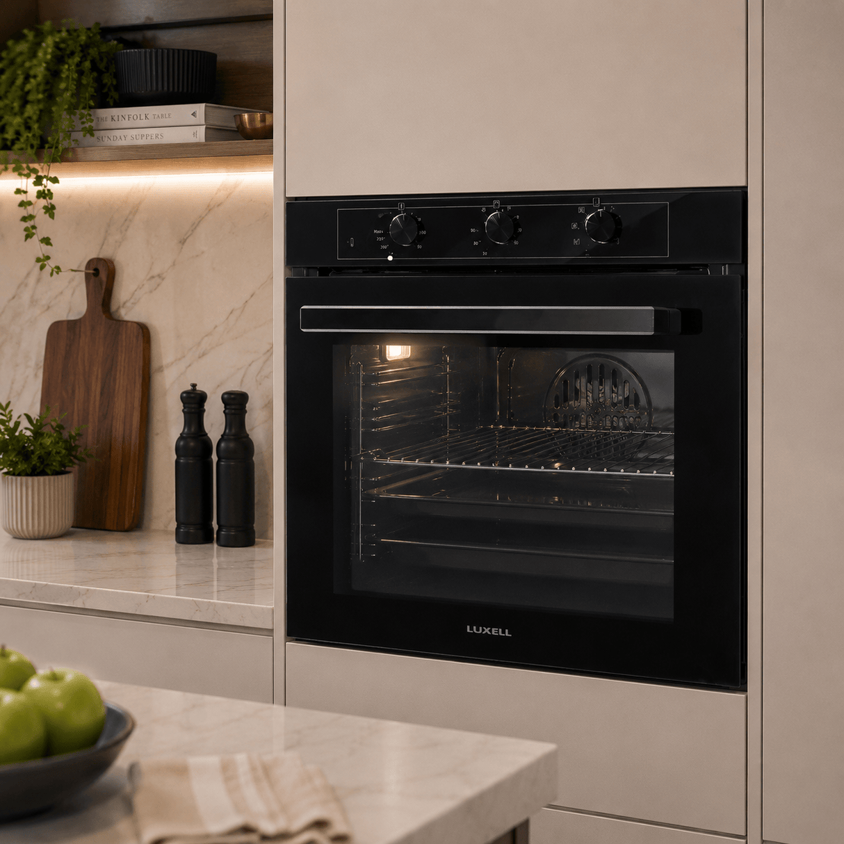 Luxell Built-In Ovens Luxell 60cm 88L Black Glass Built-In Manual Oven with Convection & Turbo Fan - A68-SF3