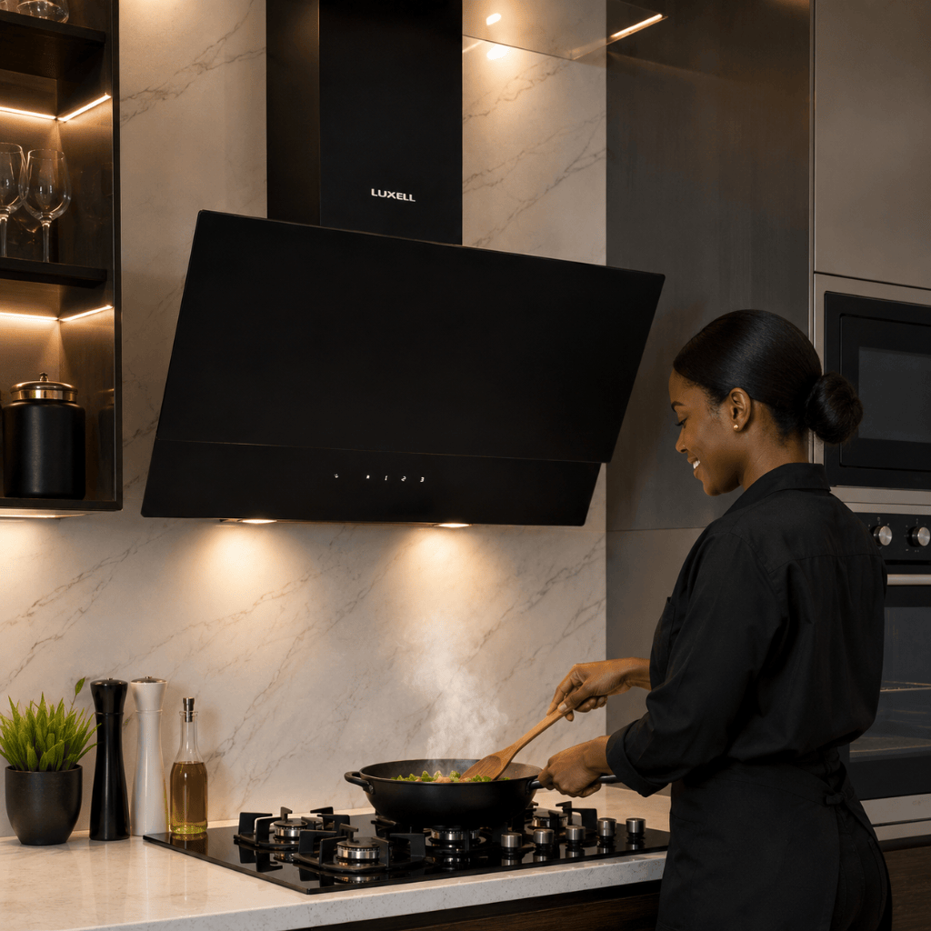 Luxell Wall-mounted angled cooker hood Luxell 60cm Angled Glass Cooker Hood with 650m³/h Extraction & Touch Control - DA6-835