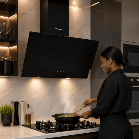 Luxell Wall-mounted angled cooker hood Luxell 60cm Angled Glass Cooker Hood with 650m³/h Extraction & Touch Control - DA6-835