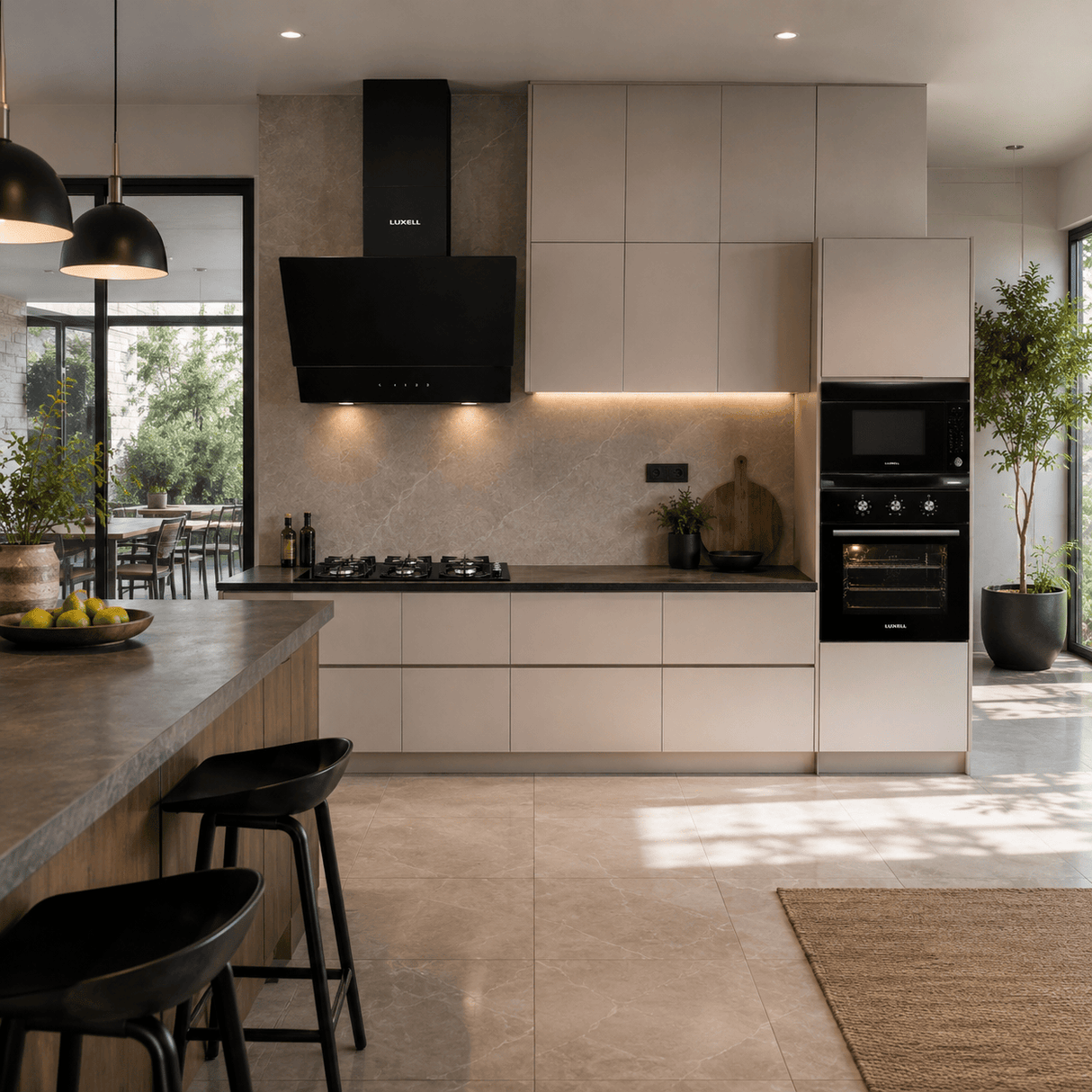 Luxell Built-In Kitchen Appliances Luxell 60cm Black Glass 3-Piece Built-In Kitchen Set with 4-Burner Hob, 650m³/h Hood & Convection Oven - LXSET-60-BG-M