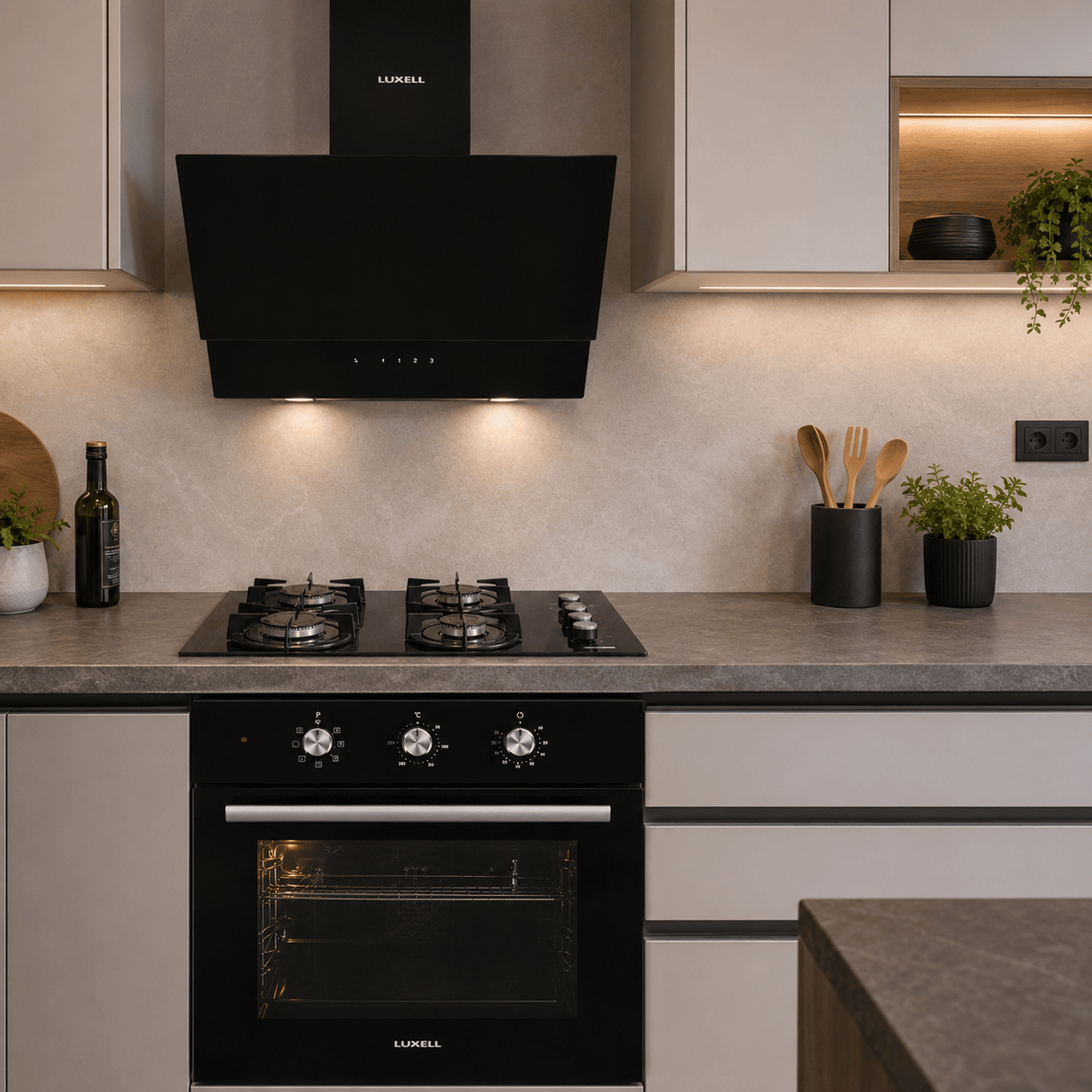 Luxell Built-In Kitchen Appliances Luxell 60cm Black Glass 3-Piece Built-In Kitchen Set with 4-Burner Hob, 650m³/h Hood & Convection Oven - LXSET-60-BG-M