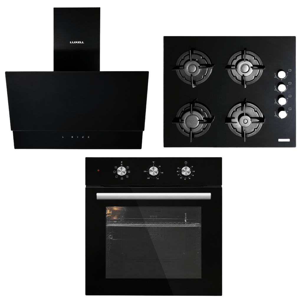 Luxell Built-In Kitchen Appliances Luxell 60cm Black Glass 3-Piece Built-In Kitchen Set with 4-Burner Hob, 650m³/h Hood & Convection Oven - LXSET-60-BG-M