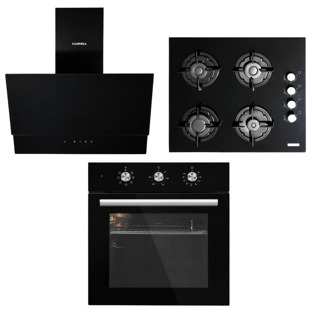 Luxell Built-In Kitchen Appliances Luxell 60cm Black Glass 3-Piece Built-In Kitchen Set with 4-Burner Hob, 650m³/h Hood & Convection Oven - LXSET-60-BG-M