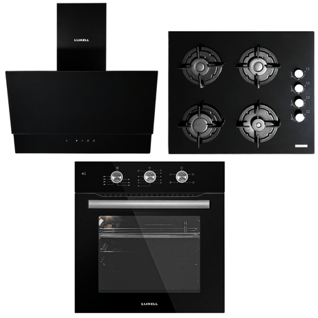 Luxell Built-In Kitchen Appliances Luxell 60cm Black Glass 3-Piece Built-In Kitchen Set with 4-Burner Hob, 650m³/h Hood & Convection Oven - LXSET-60-BG-M