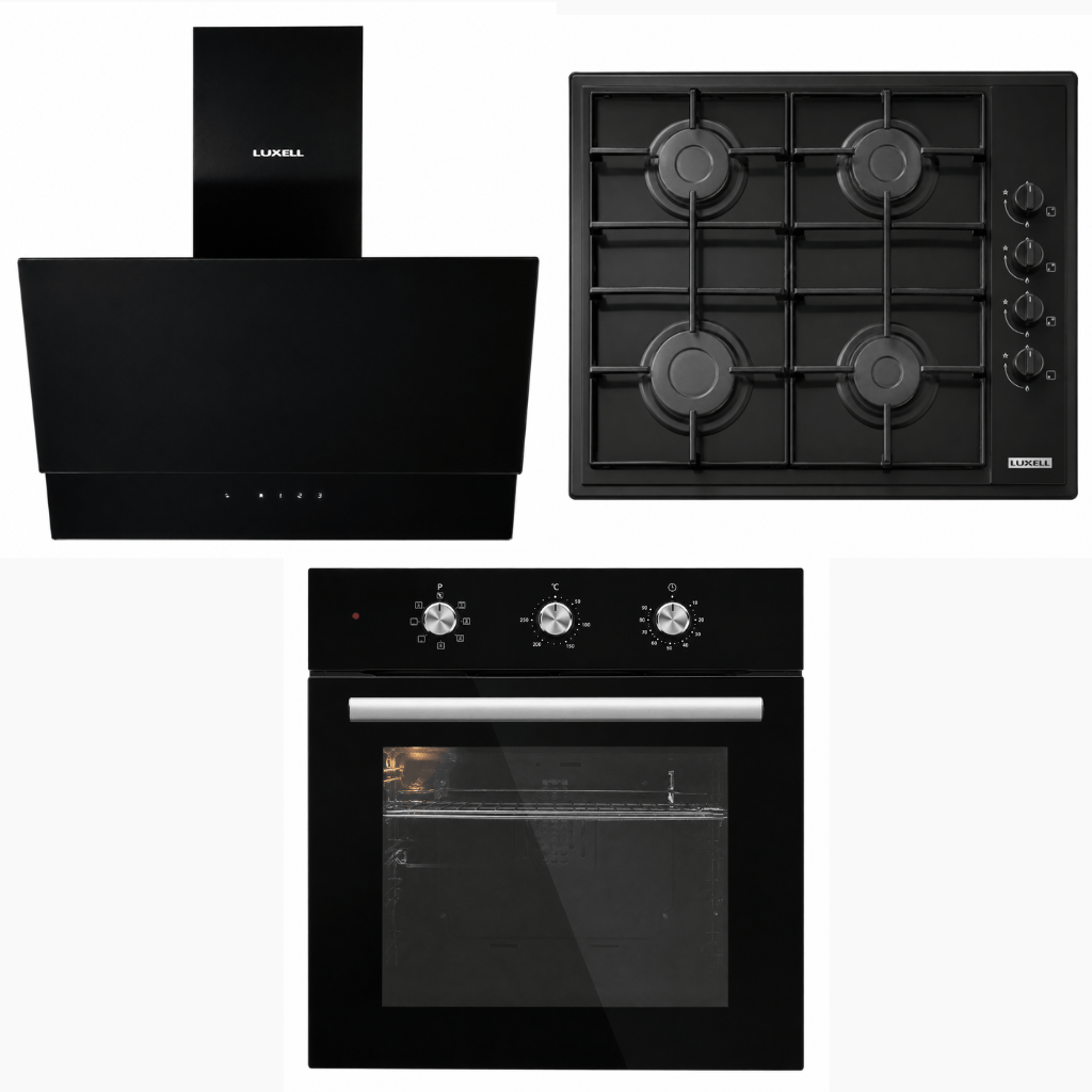 Luxell Built-In Kitchen Appliances Luxell 60cm Kehribar Glass 3-Piece Built-In Kitchen Set with 4-Burner Hob, 650m³/h Hood & Convection Oven - LXSET-60-KG-M