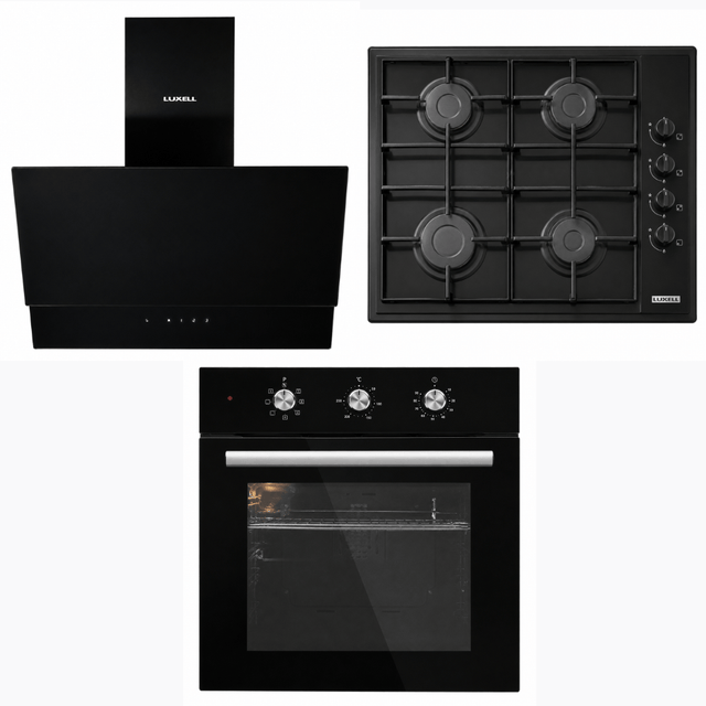 Luxell Built-In Kitchen Appliances Luxell 60cm Kehribar Glass 3-Piece Built-In Kitchen Set with 4-Burner Hob, 650m³/h Hood & Convection Oven - LXSET-60-KG-M