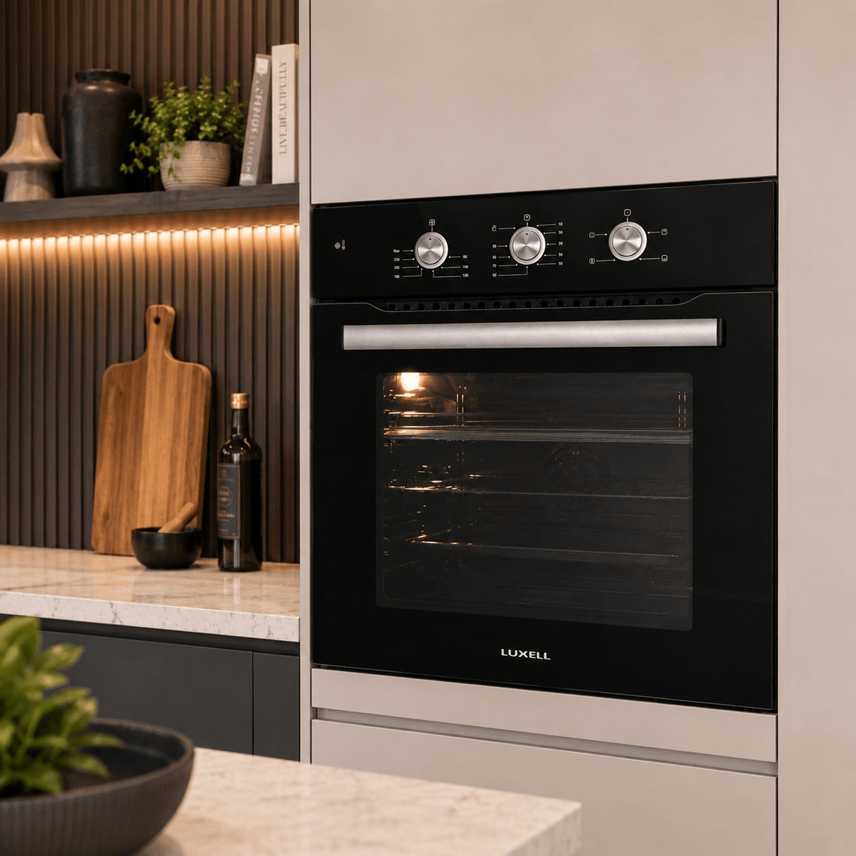 Luxell Built-In Kitchen Appliances Luxell 60cm Kehribar Glass 3-Piece Built-In Kitchen Set with 4-Burner Hob, 650m³/h Hood & Convection Oven - LXSET-60-KG-M