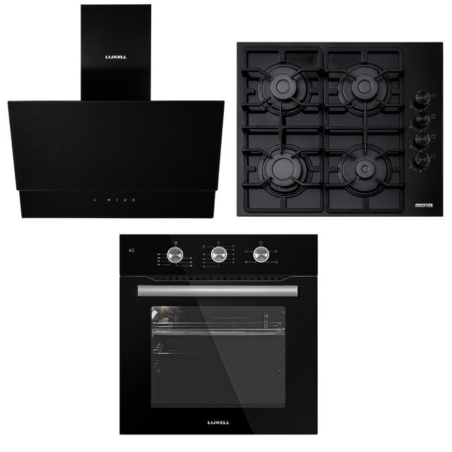 Luxell Built-In Kitchen Appliances Luxell 60cm Kehribar Glass 3-Piece Built-In Kitchen Set with 4-Burner Hob, 650m³/h Hood & Convection Oven - LXSET-60-KG-M
