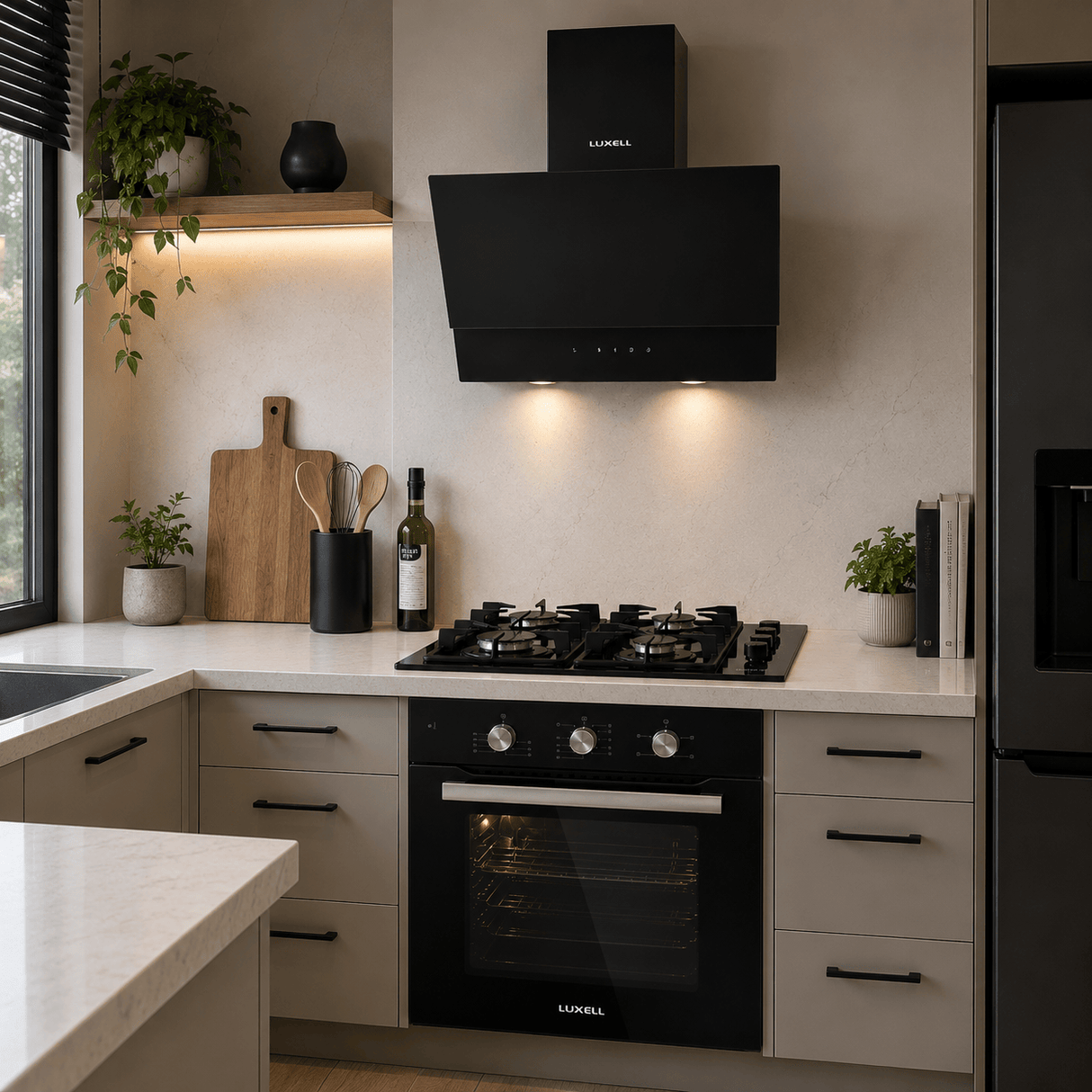 Luxell Built-In Kitchen Appliances Luxell 60cm Kehribar Glass 3-Piece Built-In Kitchen Set with 4-Burner Hob, 650m³/h Hood & Convection Oven - LXSET-60-KG-M