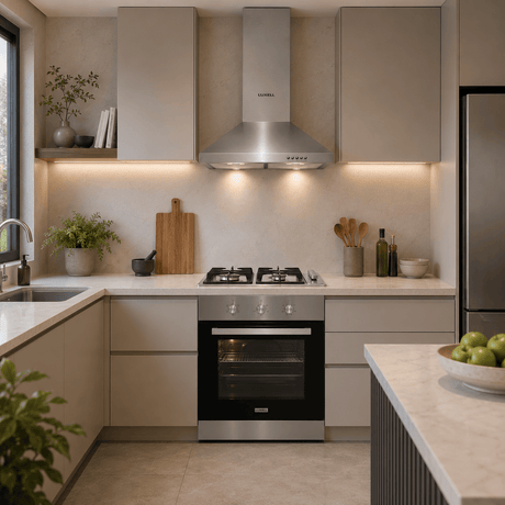 Luxell Built-In Kitchen Appliances Luxell 60cm Stainless Steel 3-Piece Built-In Kitchen Set with 4-Burner Hob, Pyramid Hood & 57L Turbo Oven - LXSET-60-SS-M