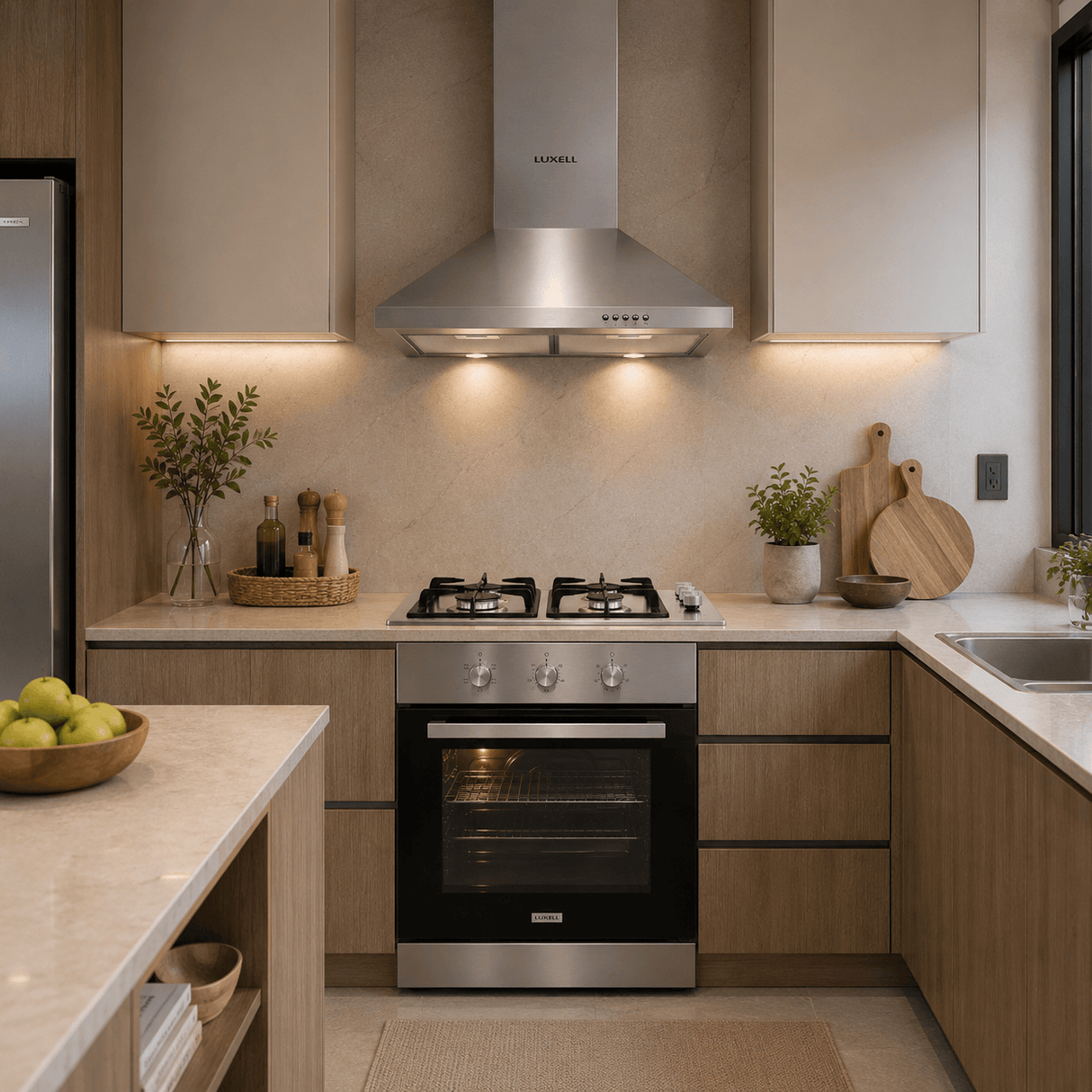 Luxell Built-In Kitchen Appliances Luxell 60cm Stainless Steel 3-Piece Built-In Kitchen Set with 4-Burner Hob, Pyramid Hood & 57L Turbo Oven - LXSET-60-SS-M