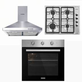 Luxell Built-In Kitchen Appliances Luxell 60cm Stainless Steel 3-Piece Built-In Kitchen Set with 4-Burner Hob, Pyramid Hood & 57L Turbo Oven - LXSET-60-SS-M
