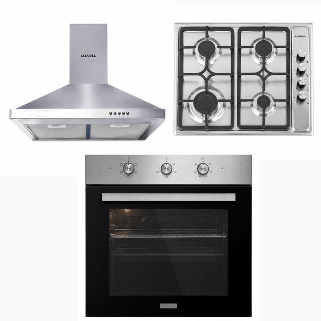Luxell Built-In Kitchen Appliances Luxell 60cm Stainless Steel 3-Piece Built-In Kitchen Set with 4-Burner Hob, Pyramid Hood & 57L Turbo Oven - LXSET-60-SS-M