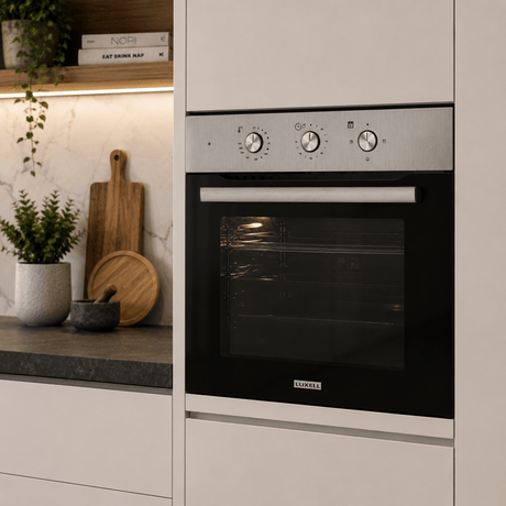 Luxell Built-In Kitchen Appliances Luxell 60cm Stainless Steel 3-Piece Built-In Kitchen Set with 4-Burner Hob, Pyramid Hood & 57L Turbo Oven - LXSET-60-SS-M