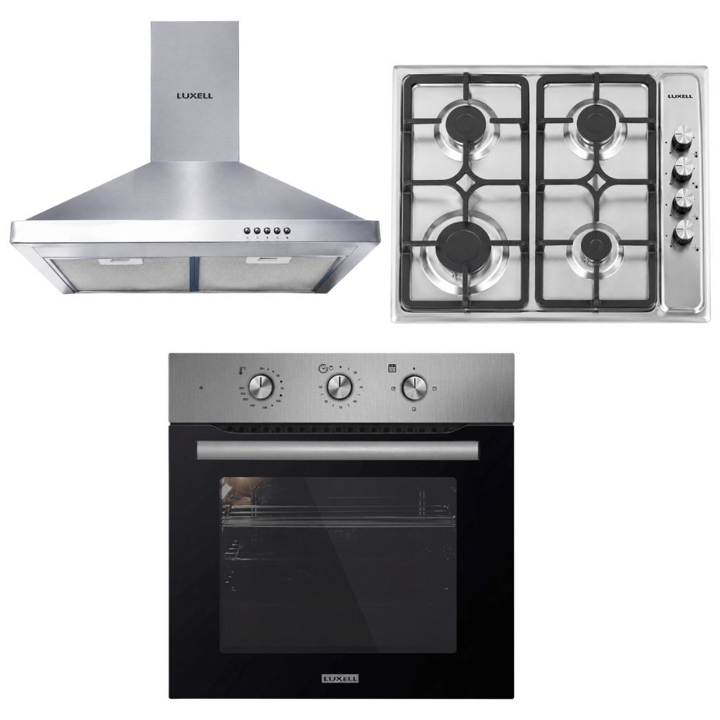 Luxell Built-In Kitchen Appliances Luxell 60cm Stainless Steel 3-Piece Built-In Kitchen Set with 4-Burner Hob, Pyramid Hood & 57L Turbo Oven - LXSET-60-SS-M