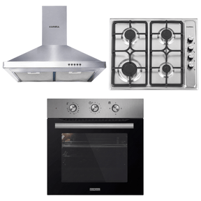 Luxell Built-In Kitchen Appliances Luxell 60cm Stainless Steel 3-Piece Built-In Kitchen Set with 4-Burner Hob, Pyramid Hood & 57L Turbo Oven - LXSET-60-SS-M
