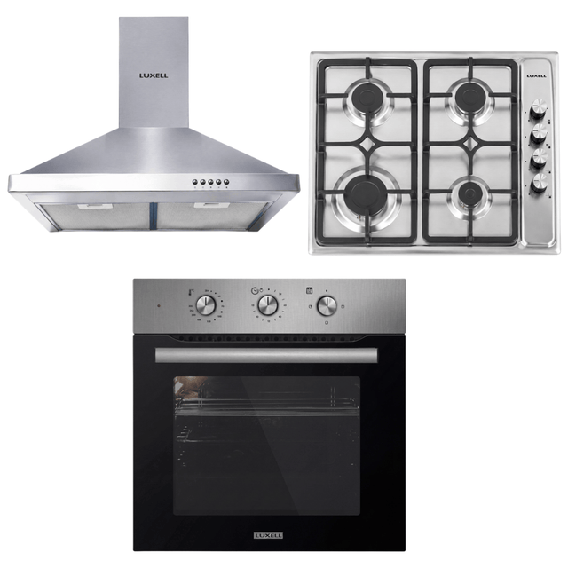 Luxell Built-In Kitchen Appliances Luxell 60cm Stainless Steel 3-Piece Built-In Kitchen Set with 4-Burner Hob, Pyramid Hood & 57L Turbo Oven - LXSET-60-SS-M