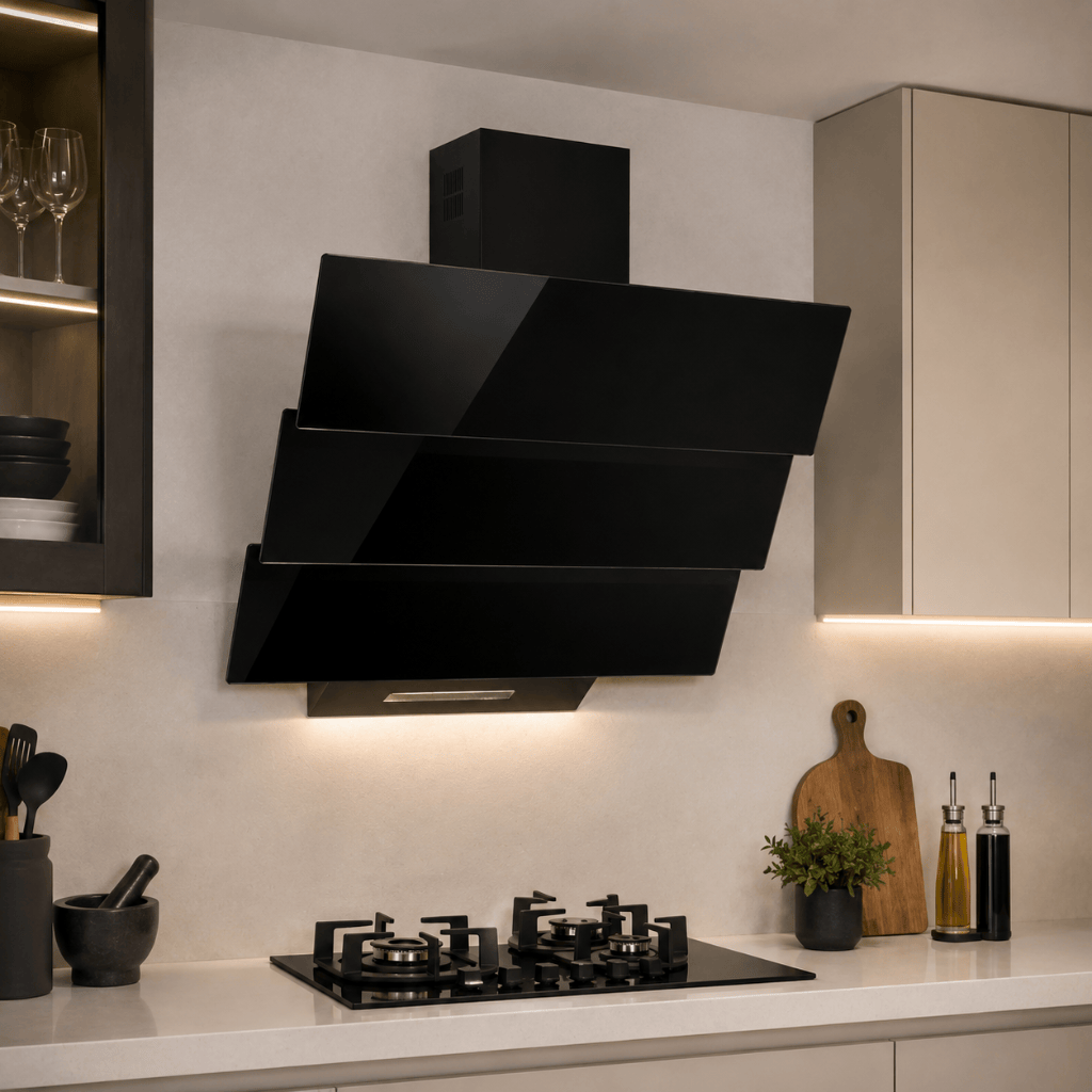 Luxell Wall-mounted angled cooker hood Luxell 60cm Triple Black Glass Cooker Hood with 650m³/h Extraction & Touch Control - DA6-855