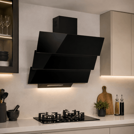 Luxell Wall-mounted angled cooker hood Luxell 60cm Triple Black Glass Cooker Hood with 650m³/h Extraction & Touch Control - DA6-855