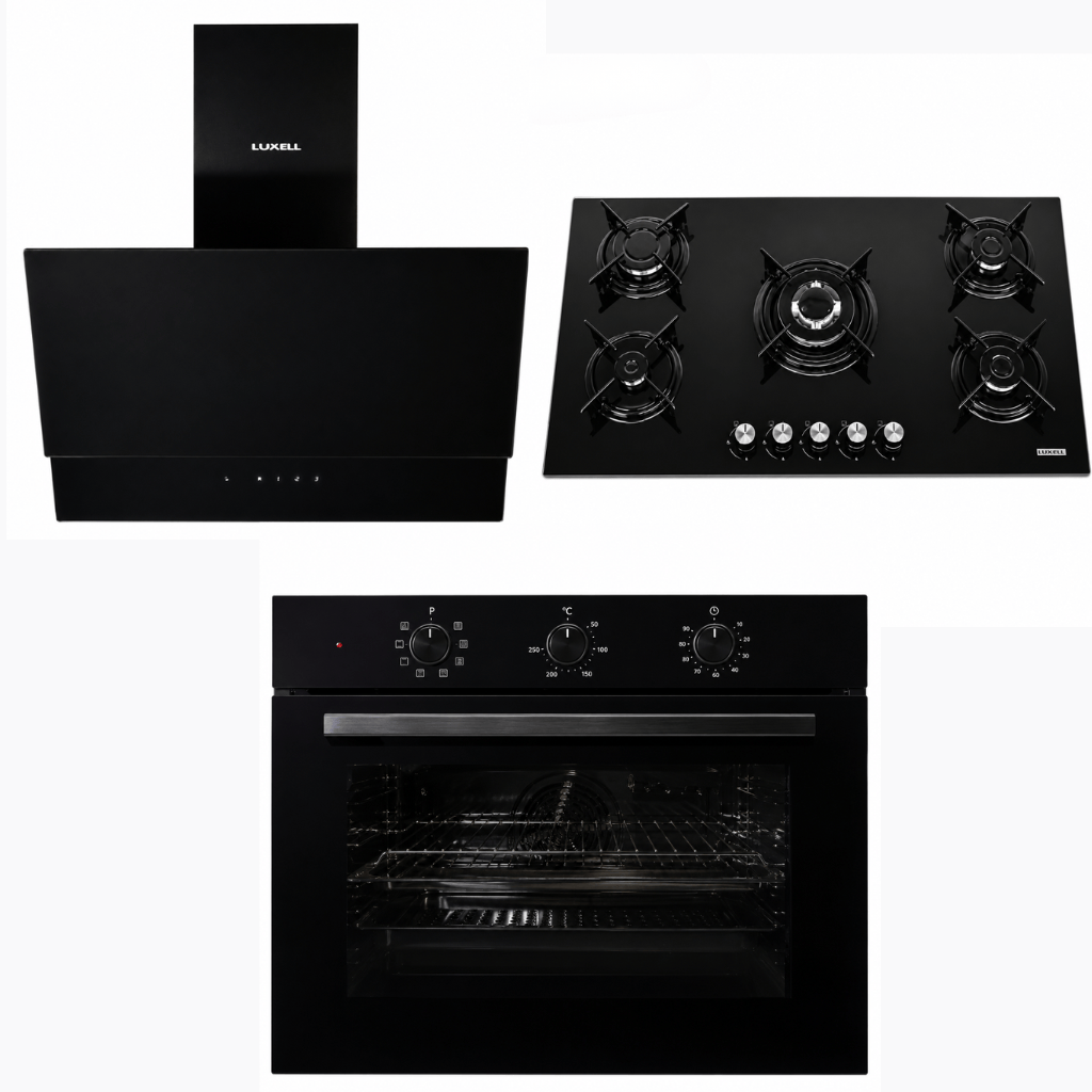 Luxell Built-In Kitchen Appliances Luxell 90cm Black Glass 3-Piece Built-In Kitchen Set with 5-Burner Hob, 650m³/h Hood & 105L Double-Fan Oven - LXSET-90-90M