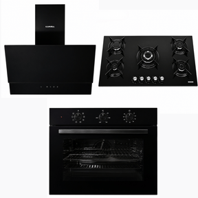 Luxell Built-In Kitchen Appliances Luxell 90cm Black Glass 3-Piece Built-In Kitchen Set with 5-Burner Hob, 650m³/h Hood & 105L Double-Fan Oven - LXSET-90-90M
