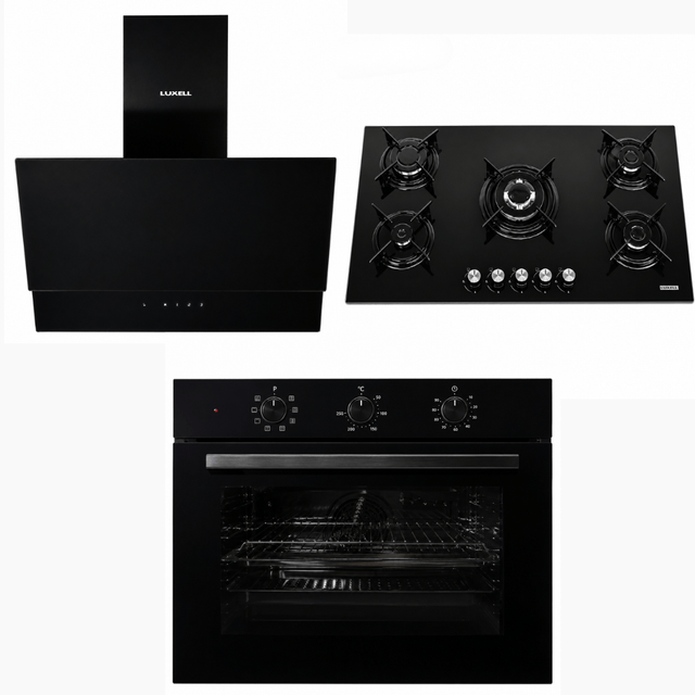 Luxell Built-In Kitchen Appliances Luxell 90cm Black Glass 3-Piece Built-In Kitchen Set with 5-Burner Hob, 650m³/h Hood & 105L Double-Fan Oven - LXSET-90-90M