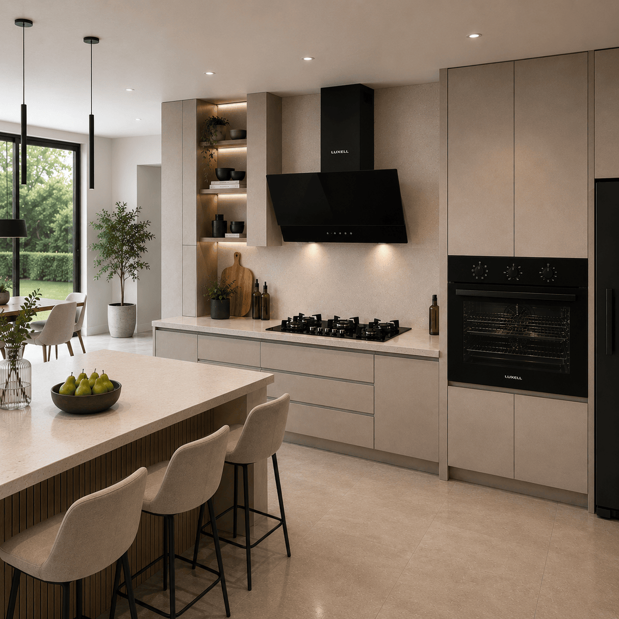 Luxell Built-In Kitchen Appliances Luxell 90cm Black Glass 3-Piece Built-In Kitchen Set with 5-Burner Hob, 650m³/h Hood & 105L Double-Fan Oven - LXSET-90-90M