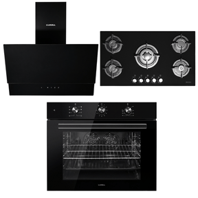 Luxell Built-In Kitchen Appliances Luxell 90cm Black Glass 3-Piece Built-In Kitchen Set with 5-Burner Hob, 650m³/h Hood & 105L Double-Fan Oven - LXSET-90-90M