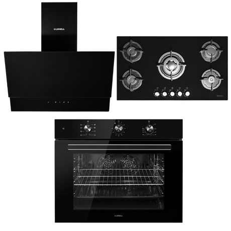 Luxell Built-In Kitchen Appliances Luxell 90cm Black Glass 3-Piece Built-In Kitchen Set with 5-Burner Hob, 650m³/h Hood & 105L Double-Fan Oven - LXSET-90-90M
