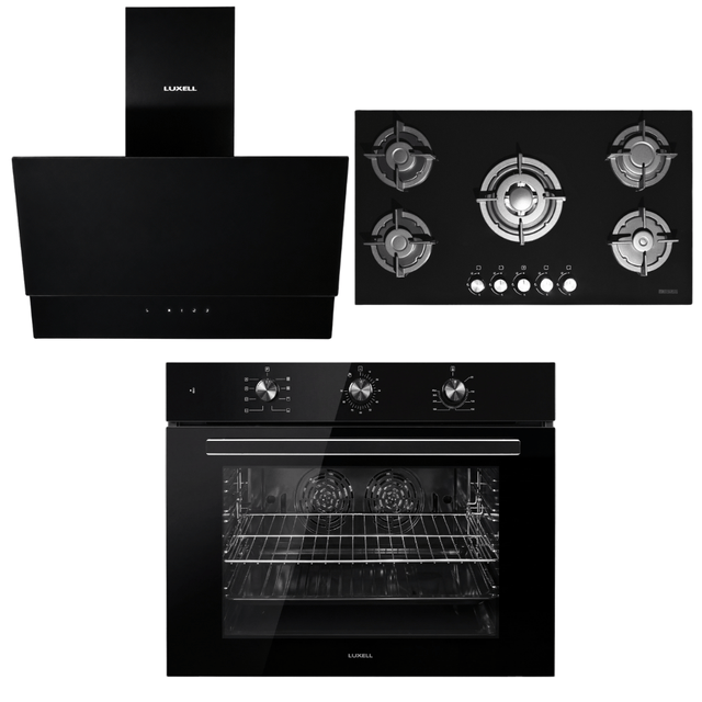 Luxell Built-In Kitchen Appliances Luxell 90cm Black Glass 3-Piece Built-In Kitchen Set with 5-Burner Hob, 650m³/h Hood & 105L Double-Fan Oven - LXSET-90-90M