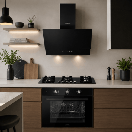 Luxell Built-In Kitchen Appliances Luxell 90cm Black Glass 3-Piece Built-In Kitchen Set with 5-Burner Hob, 650m³/h Hood & 105L Double-Fan Oven - LXSET-90-90M