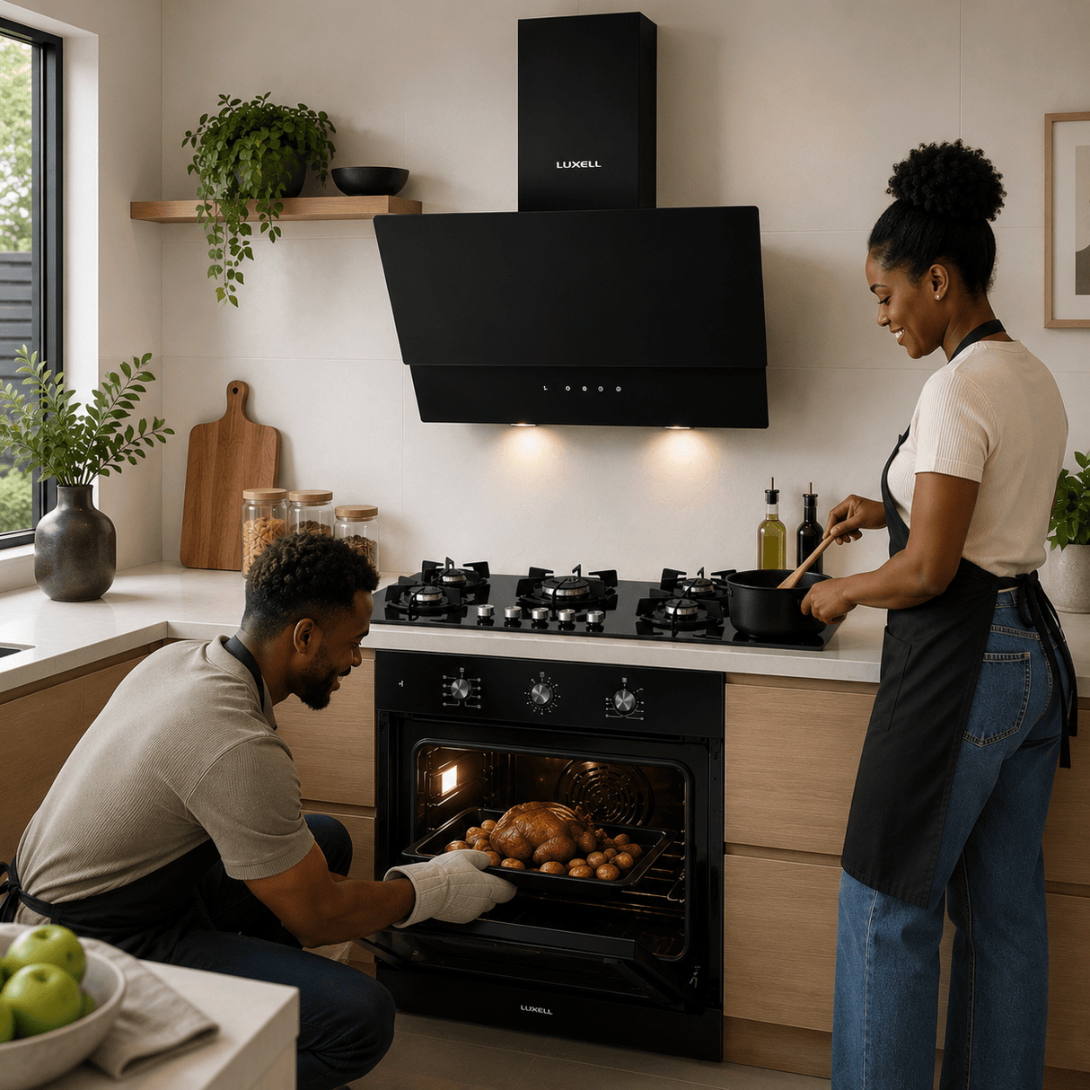 Luxell Built-In Kitchen Appliances Luxell 90cm Black Glass 3-Piece Built-In Kitchen Set with 5-Burner Hob, 650m³/h Hood & 105L Double-Fan Oven - LXSET-90-90M