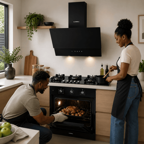 Luxell Built-In Kitchen Appliances Luxell 90cm Black Glass 3-Piece Built-In Kitchen Set with 5-Burner Hob, 650m³/h Hood & 105L Double-Fan Oven - LXSET-90-90M