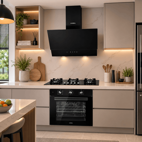 Luxell Built-In Kitchen Appliances Luxell 90cm Black Glass 3-Piece Built-In Kitchen Set with 5-Burner Hob, 650m³/h Hood & 105L Double-Fan Oven - LXSET-90-90M