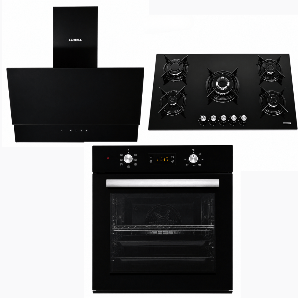 Luxell Built-In Kitchen Appliances Luxell 90cm Black Glass 3-Piece Built-In Kitchen Set with 5-Burner Hob, 650m³/h Hood & 57L Digital Turbo Oven - LXSET-90-60D