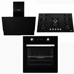 Luxell Built-In Kitchen Appliances Luxell 90cm Black Glass 3-Piece Built-In Kitchen Set with 5-Burner Hob, 650m³/h Hood & 57L Digital Turbo Oven - LXSET-90-60D