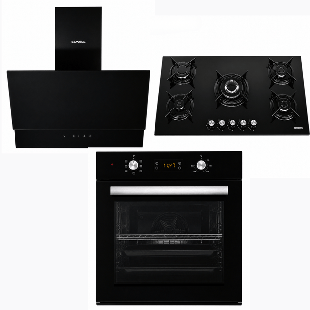 Luxell Built-In Kitchen Appliances Luxell 90cm Black Glass 3-Piece Built-In Kitchen Set with 5-Burner Hob, 650m³/h Hood & 57L Digital Turbo Oven - LXSET-90-60D
